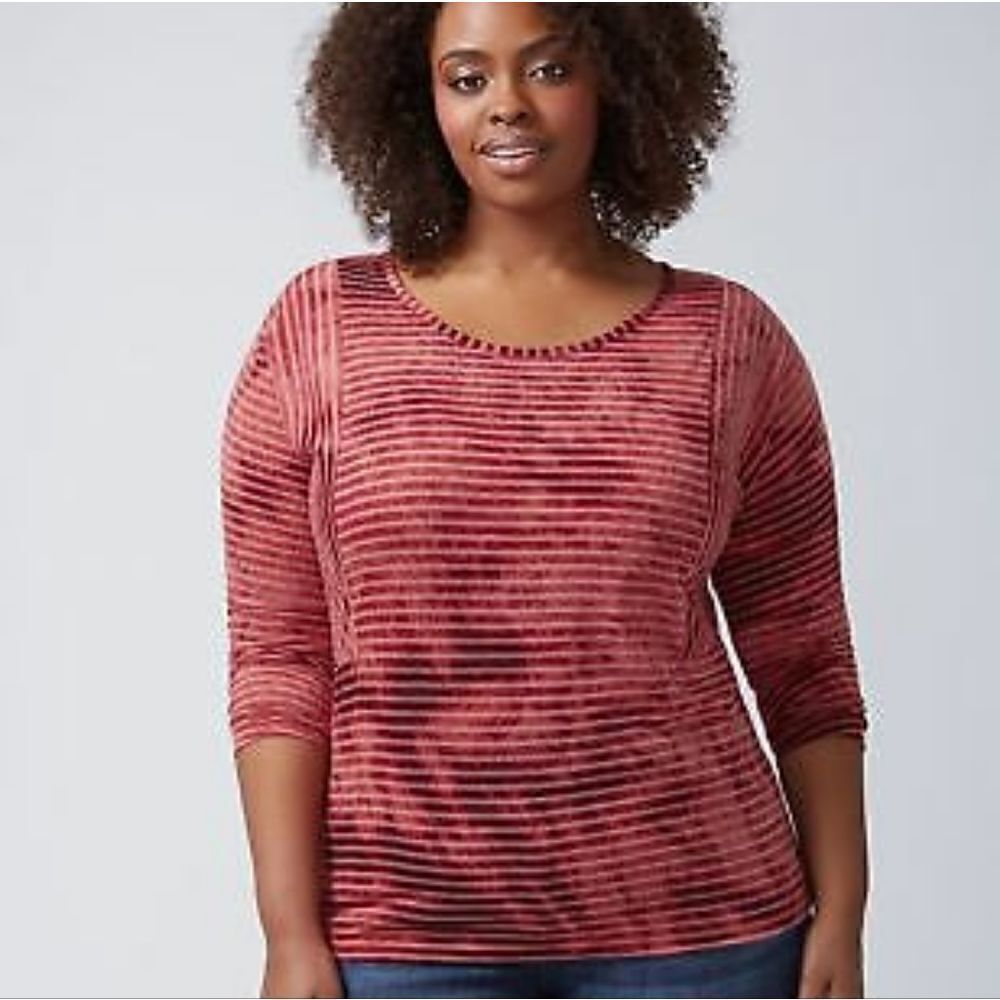 Lane Bryant Brick Red Striped 3/4 Sleeve T-Shirt